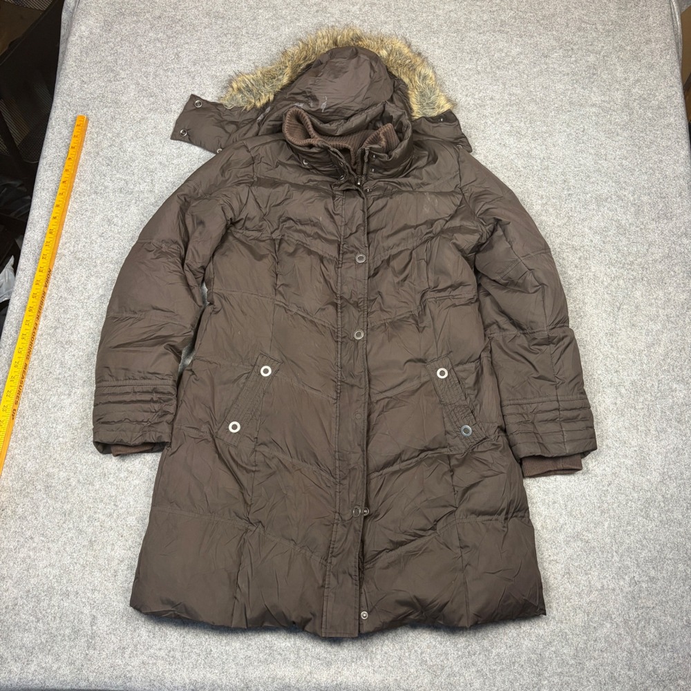 Esprit Brown Long Puffer Parka Jacket Faux Fur Trim Hood Women Size M